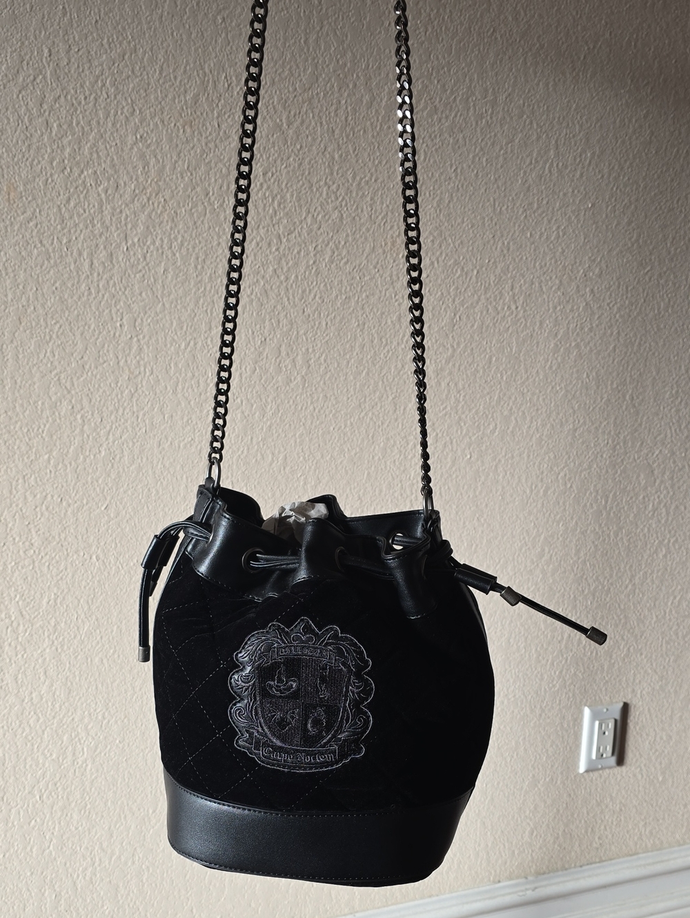 Killstar Black Quilted Crest Drawstring Bucket Bag